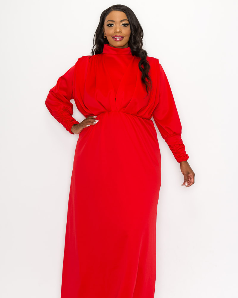Front of a model wearing a size 1X Laufey Pleated Bodice Maxi Dress in Red by L I V D. | dia_product_style_image_id:251585